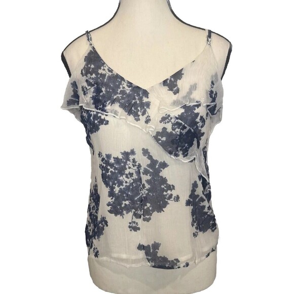 Lucky Brand Tops - Lucky Brand BLUE Floral Ruffled Adjustable Strap Lined Tank Top Sheer Size Small